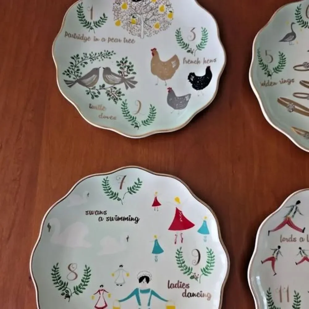 World Market 12 Days of Christmas Stoneware Scalloped Edge Plates 7.5” Set of 4